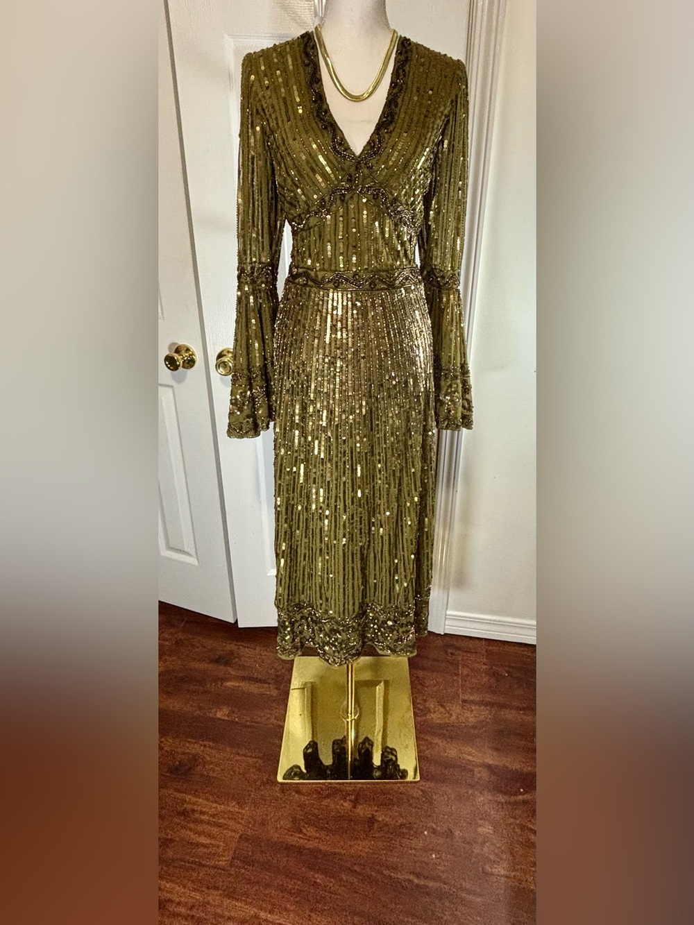 MAC Duggal Embellished V-Neck Tea Length Dress Olive With Beads & Sequins Size10